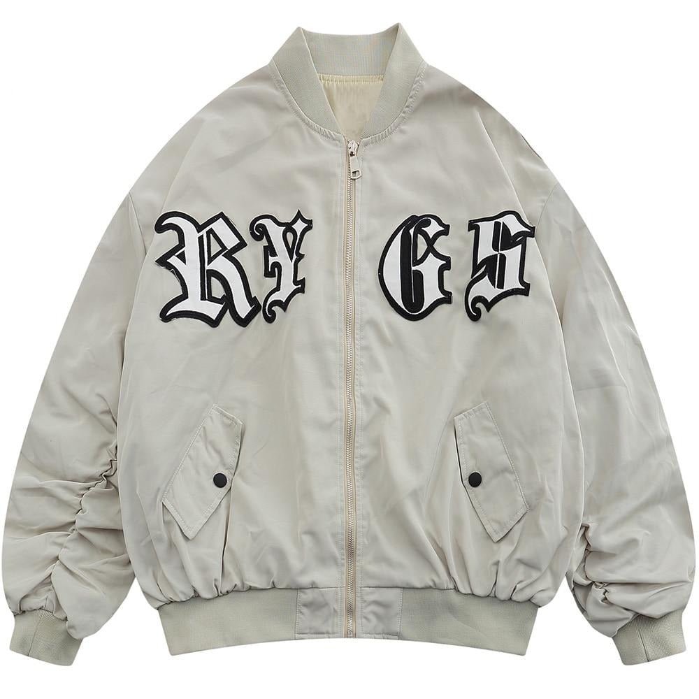 Bomber Jacket Men Punk Letter Patch Pleated Cargo Coats Autumn Simple High Street Vintage Baggy Baseball Outwear Couple