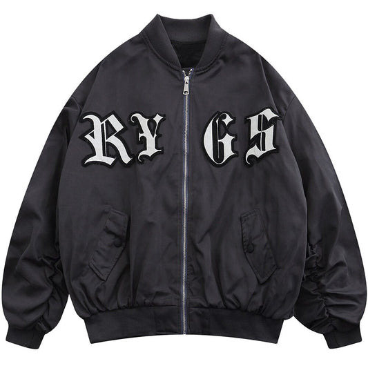 Bomber Jacket Men Punk Letter Patch Pleated Cargo Coats Autumn Simple High Street Vintage Baggy Baseball Outwear Couple
