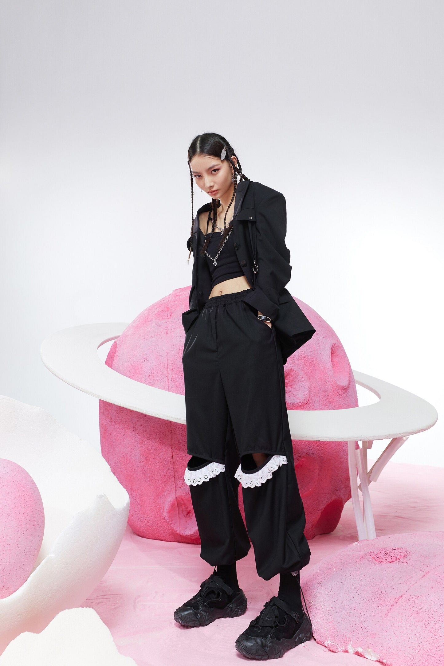 Solid Pure Contrast Lace Straight Casual Women Pants,Spring Vintage High Waist Ripped Hole, Ladies Daily Trouser