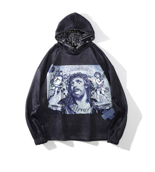 Hoodie Men Funny Angel Jesus Portrait Printed Hooded Sweatshirts Casual Baggy Vintage Fashion Punk High Street Pullover