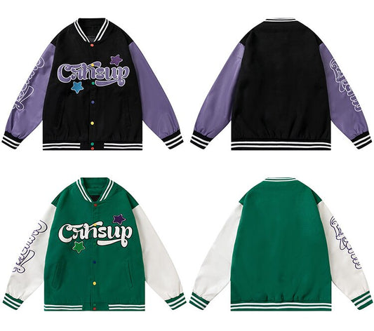 Patchwork Color Furry Embroidery Baseball Jackets Men Autumn Vintage High Street Harajuku Baggy Bomber Coats Streetwear